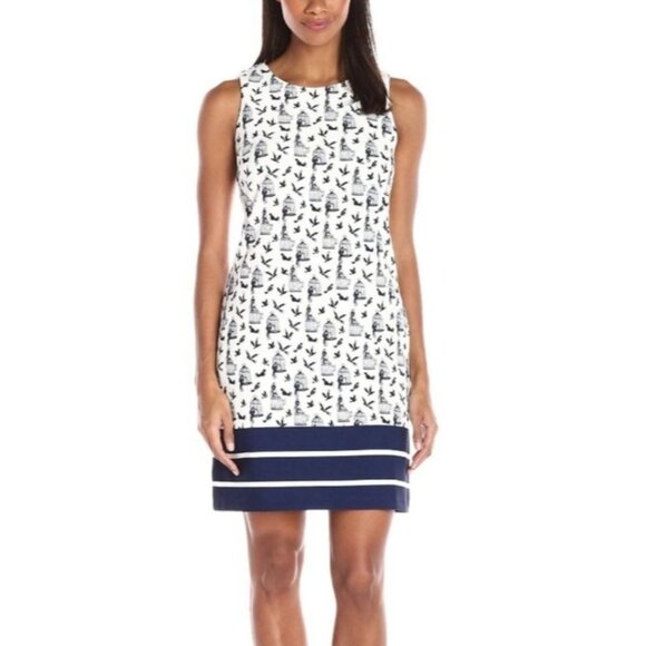 Julian Taylor Bird Print Sleeveless Sheath Crew Short Dress Size 12 White/Navy - Picture 1 of 9